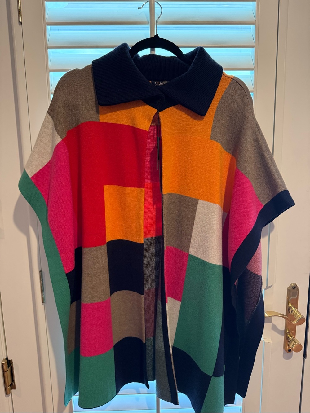 Renuar Colorblock Geometric Knit Poncho in Pink, Orange, Green, Black